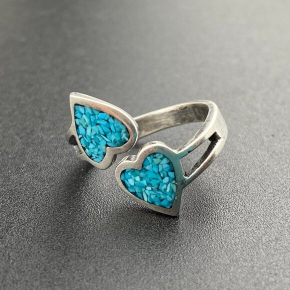 Vintage Sterling Silver Adjustable Ring Turquoise Chip Inlay Double Heart Love - Picture 2 of 12